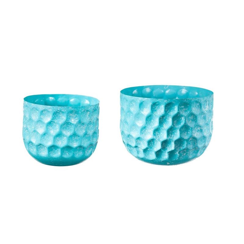 Set of 2 Water Blues Embossed Honeycomb Planters, Light Blue,47m3164