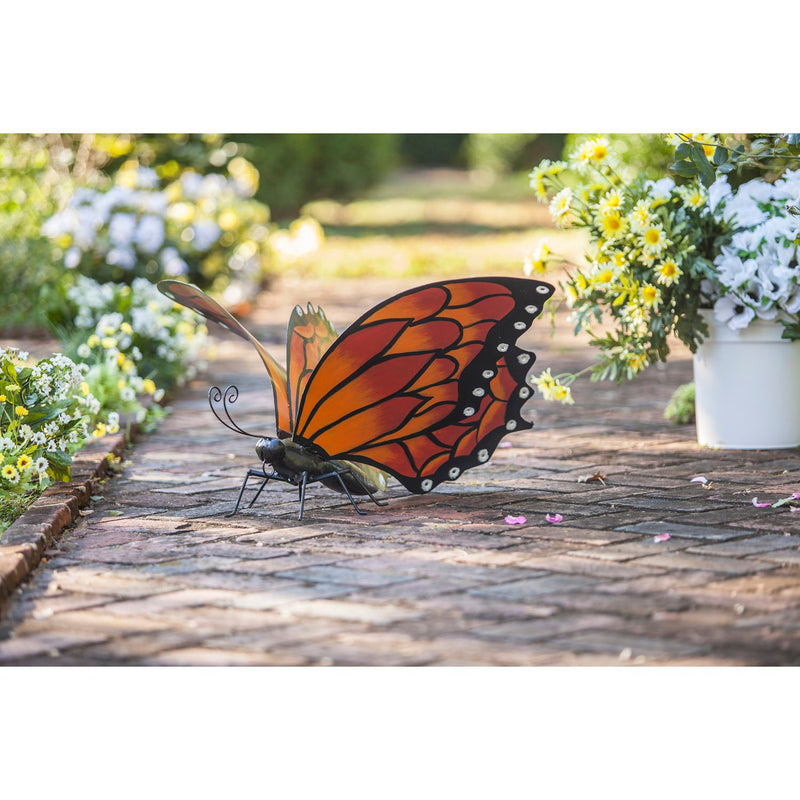 Hand-Painted Orange Metal Monarch Butterfly Outdoor Sculpture, 25"x6.5"x17.5"inches