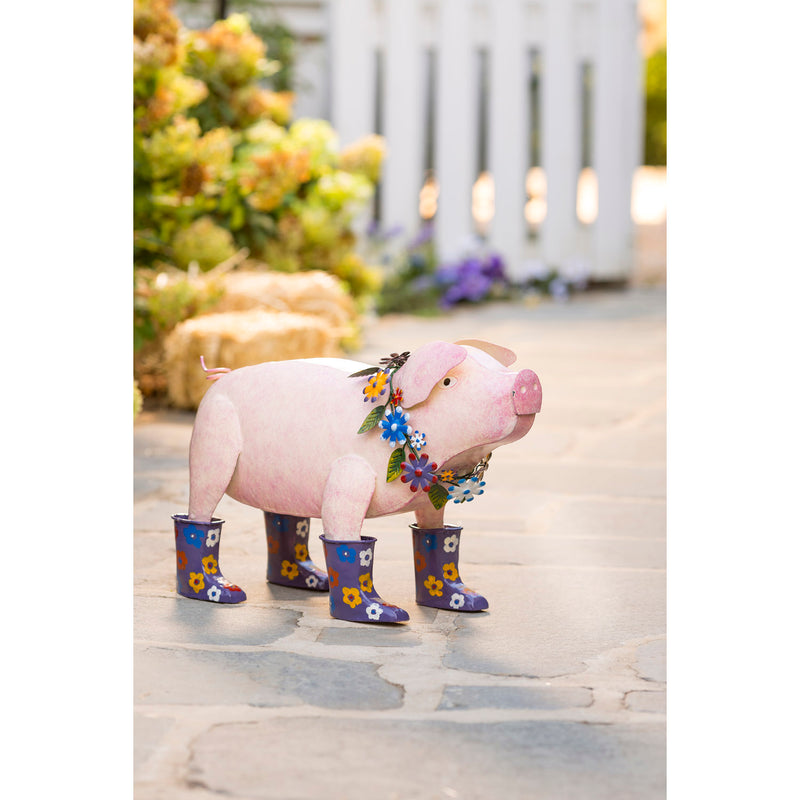 Handcrafted Metal Pig with Flowered Purple Rain Boots, 21"x8.5"x13.5"inches