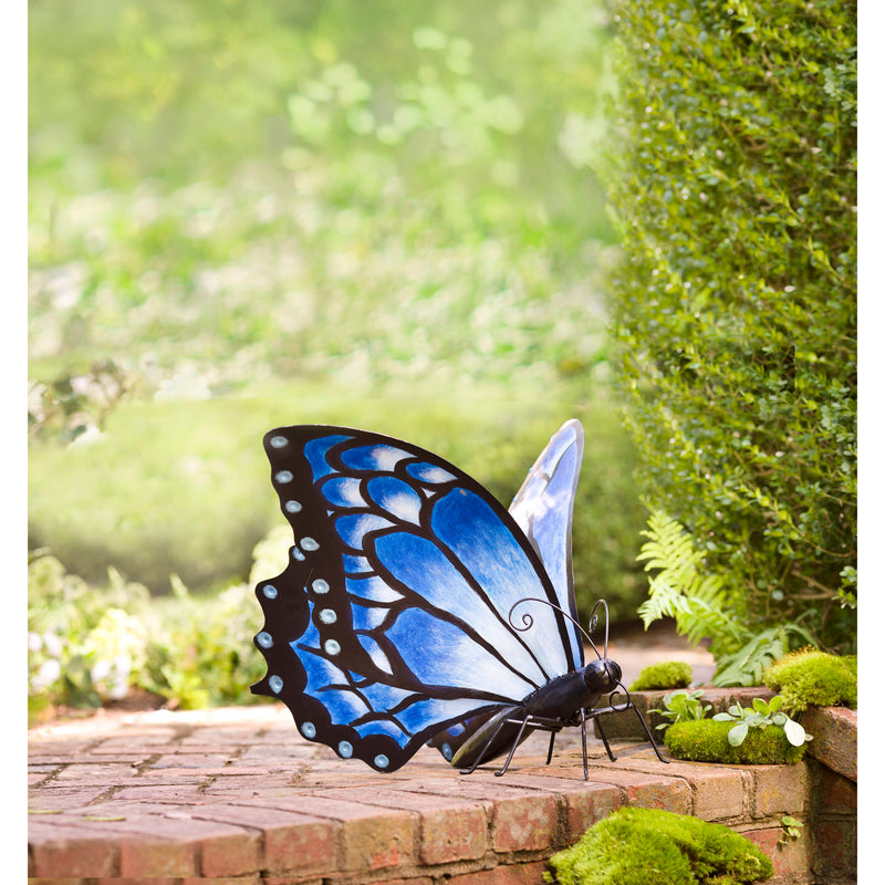 Hand-Painted Blue Metal Monarch Butterfly Outdoor Sculpture, 28.25"x24.5"x15.5"inches