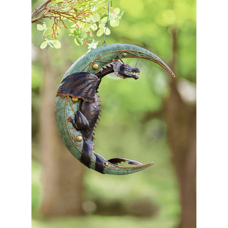 Metal Dragon on Moon Hanging Sculpture, 19.75"x3.5"x27"inches