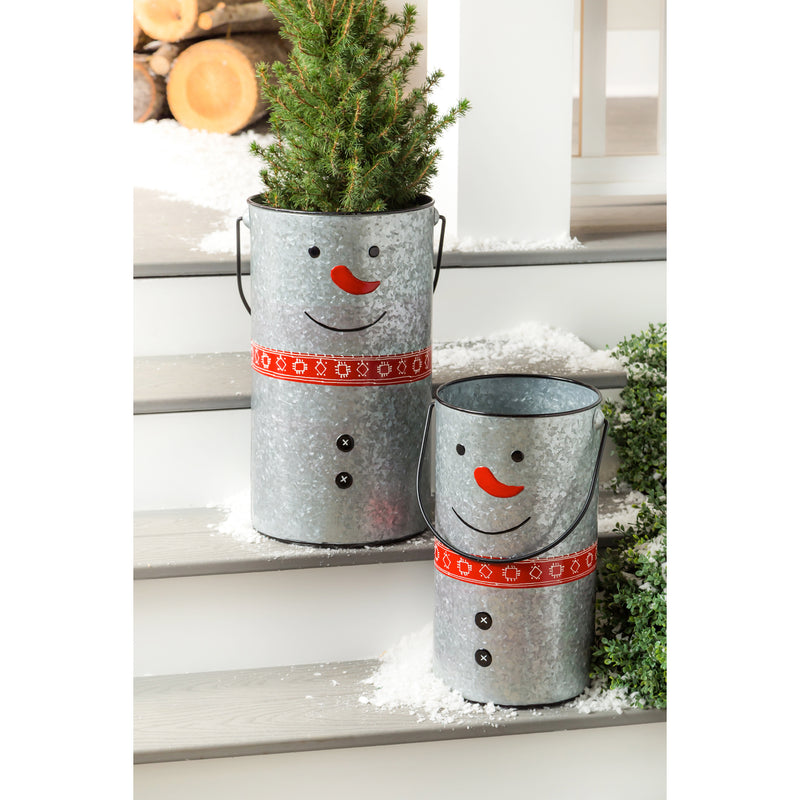 Set of 2 Galvanized Metal Snowman Planter with Scarf, 12"x10.25"x18"inches