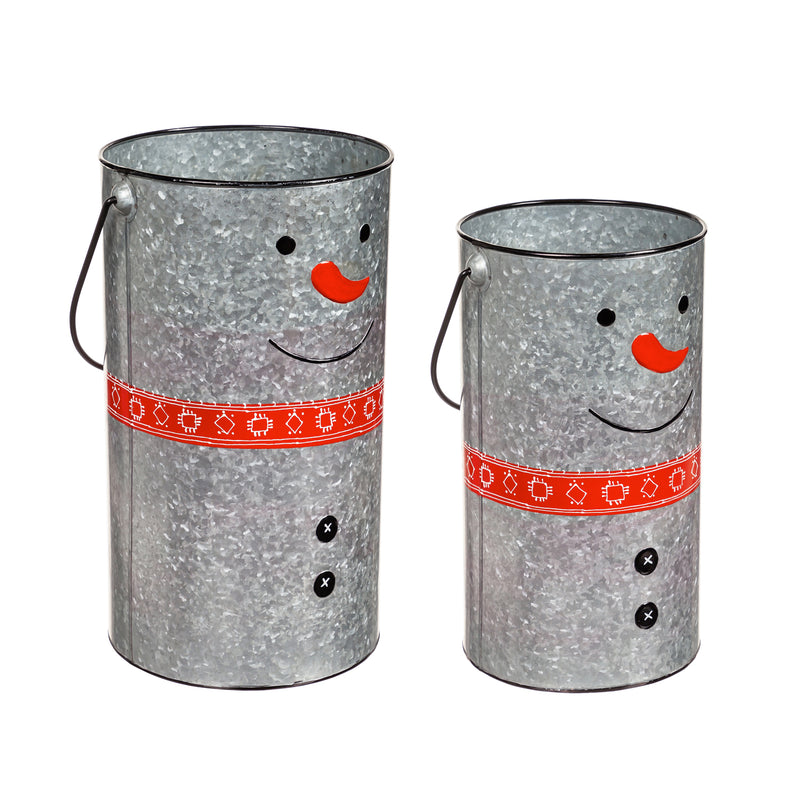 Set of 2 Galvanized Metal Snowman Planter with Scarf, 12"x10.25"x18"inches