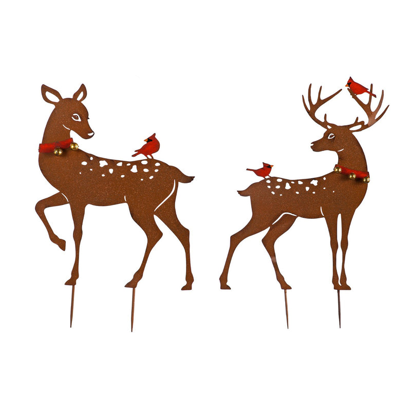 Metal Deer w/Cardinals and Jingle Bells Garden Stake, Set of 2, 25.25"x1.25"x40.25"inches
