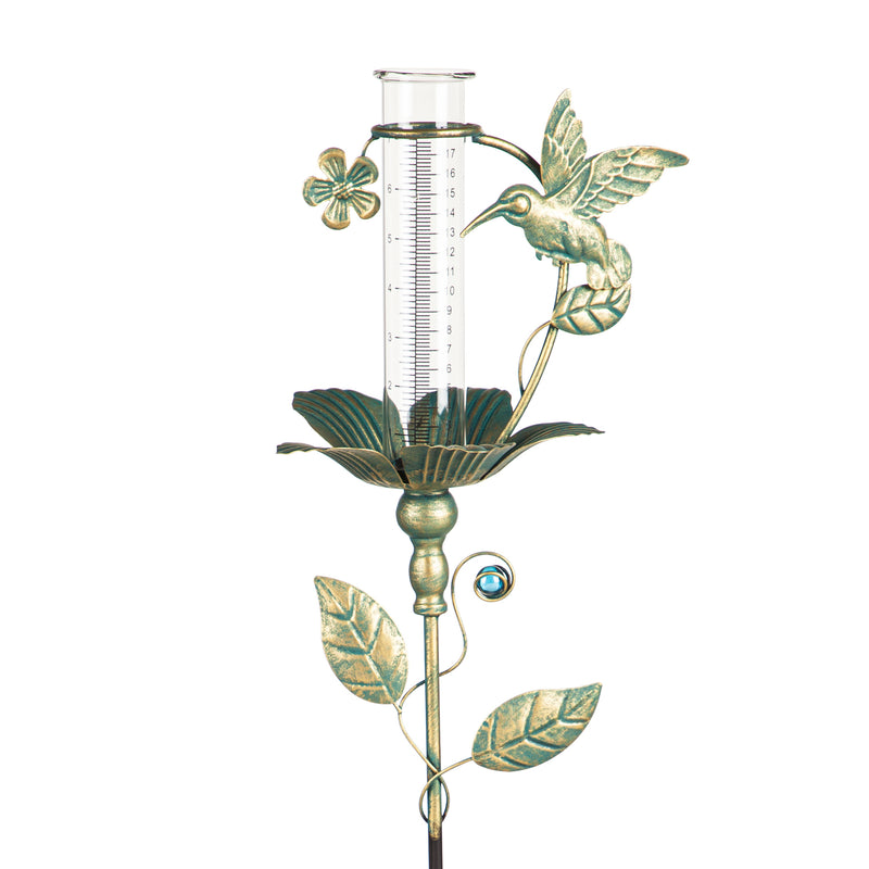 36"H Rain Gauge Garden Stake, Verdigris Butterfly and Hummingbird, 2 Asst, 7.7"x6.75"x36"inches