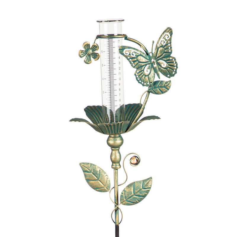 36"H Rain Gauge Garden Stake, Verdigris Butterfly and Hummingbird, 2 Asst, 7.7"x6.75"x36"inches