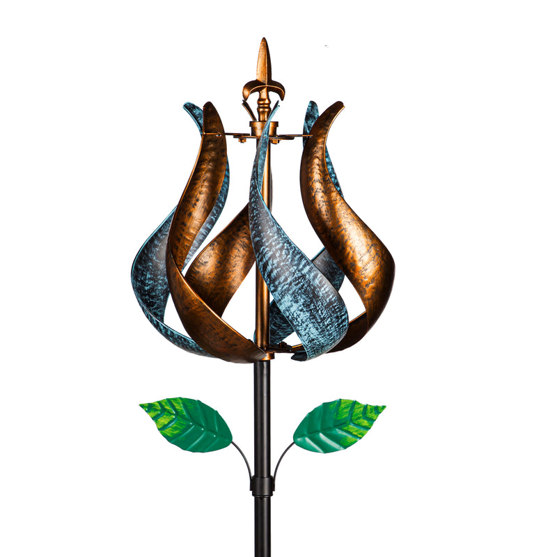 75"H Wind Spinner, Bronze and Blue Patina Tulip,14"x14"x75.5"inches