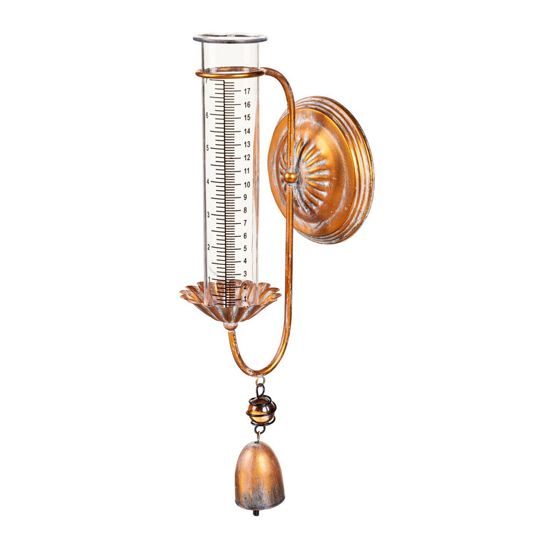 Mounted Rain Gauge Wall Decor, Distressed Gold with Bell, 14"x5"x5"inches