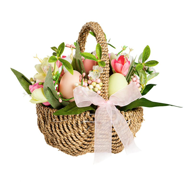 Tulips and Eggs in Rattan Basket Table Décor, 9"x9"x10"inches