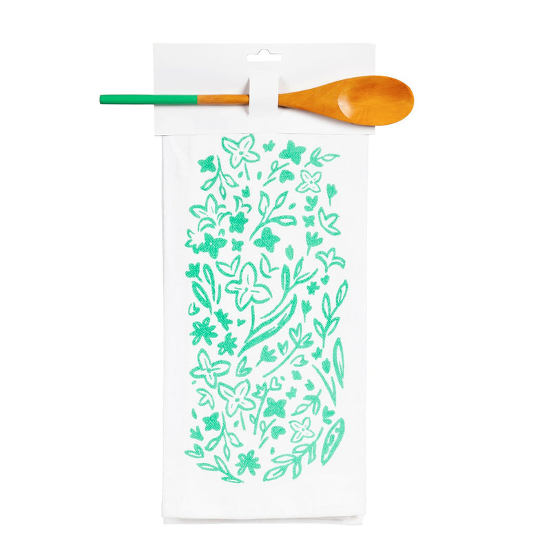Flour Sack Towel Gift Set with Wooden Spoon, 4 Asst, Floral Flair,4fs7870a