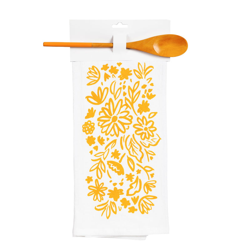 Flour Sack Towel Gift Set with Wooden Spoon, 4 Asst, Floral Flair,4fs7870a