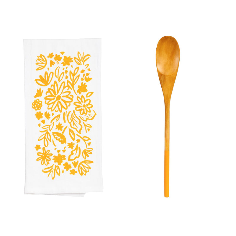 Evergreen Flour Sack Towel Gift Set with Wooden Spoon, 4 Asst, Floral Flair, 25'' x 0.01'' x 25'' inches