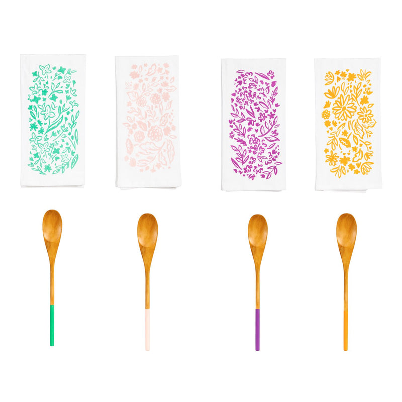 Flour Sack Towel Gift Set with Wooden Spoon, 4 Asst, Floral Flair,4fs7870a