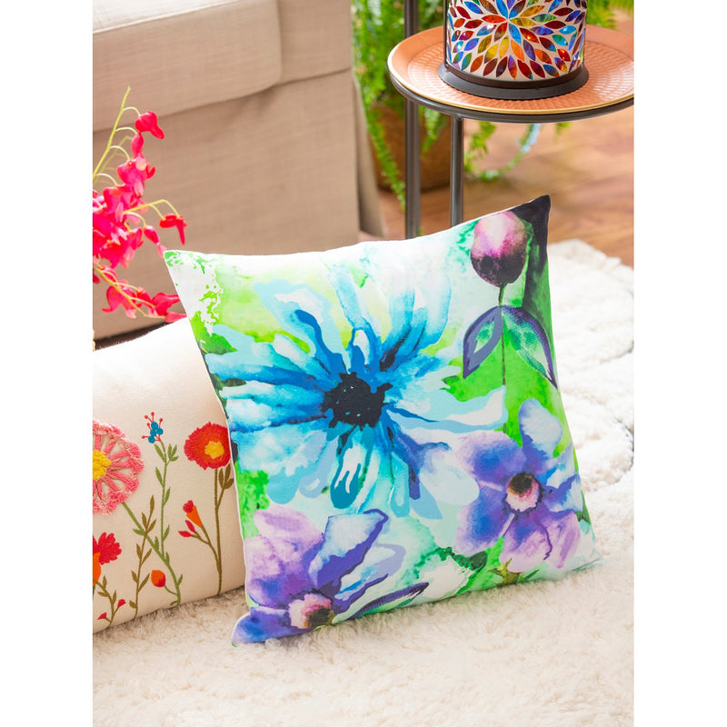 Blue Floral Decorative Pillow, 18'' x 18'' x 3.5'' inches