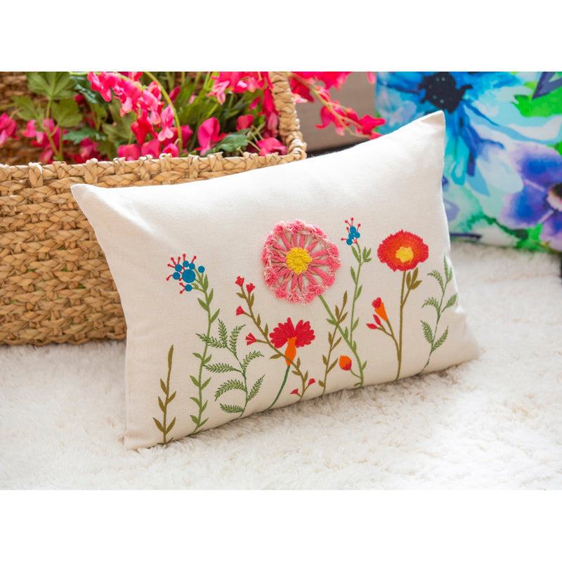 Floral Embroidered Decorative Lumbar Pillow, 13'' x 19'' x 3.5'' inches