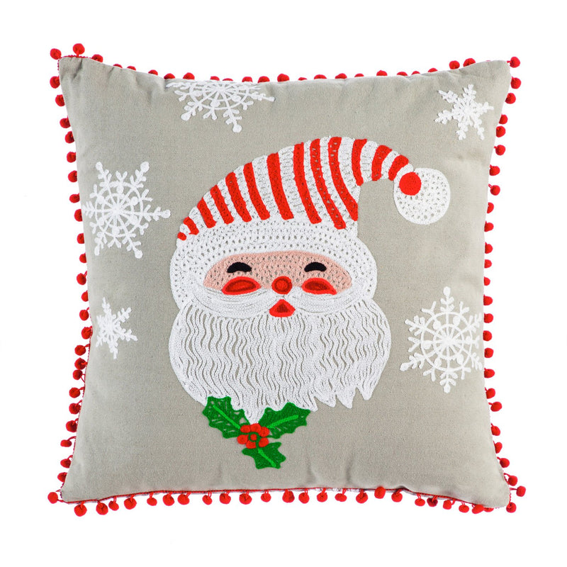 Grey Square Pillow with Santa and Pom Pom Fringe, 18'' x 4'' x 18'' inches