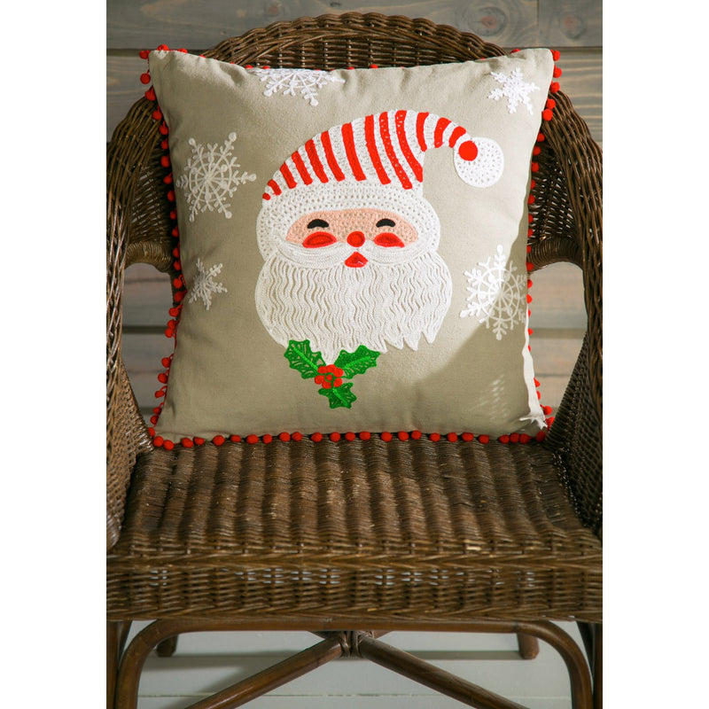 Grey Square Pillow with Santa and Pom Pom Fringe, 18'' x 4'' x 18'' inches
