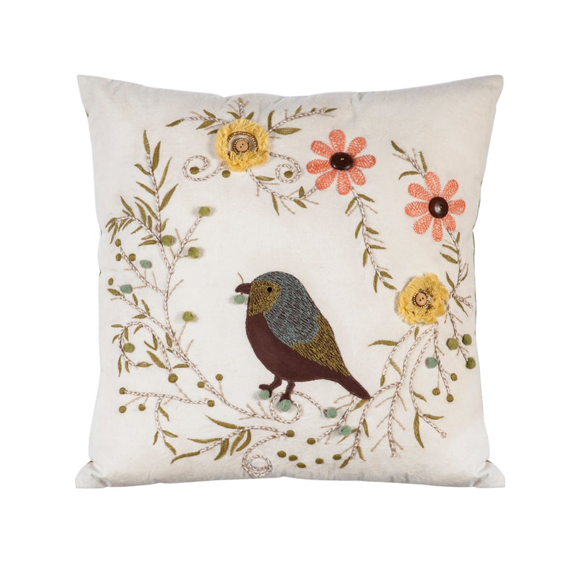 White Square Pillow with Bird and Flowers, 18'' x 5'' x 18'' inches