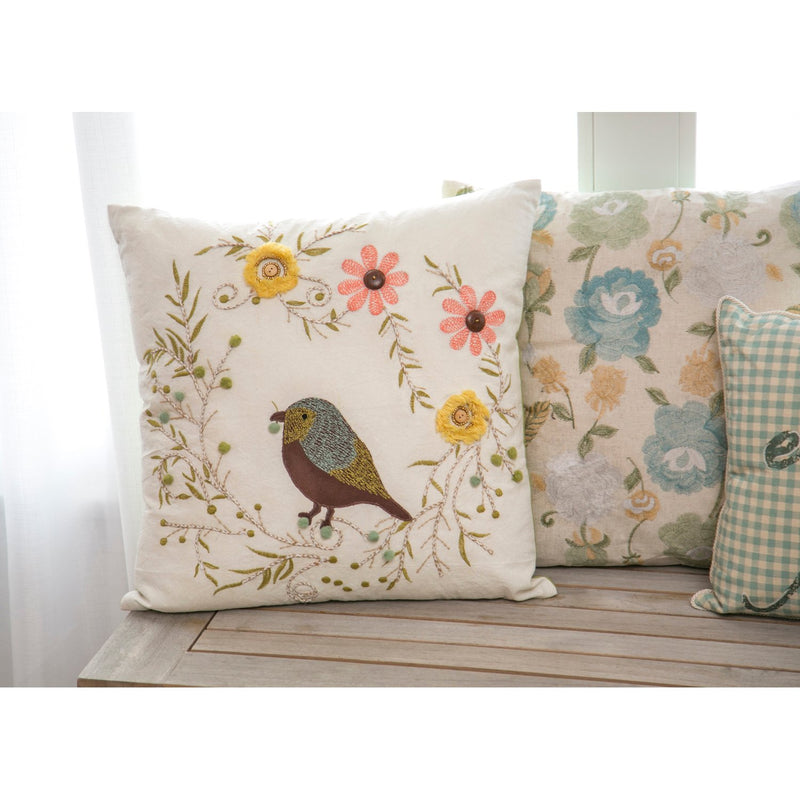 White Square Pillow with Bird and Flowers, 18'' x 5'' x 18'' inches