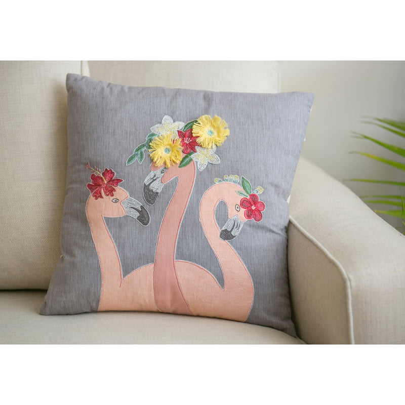 Grey Pillow with Flamingos, 16'' x 5'' x 16'' inches
