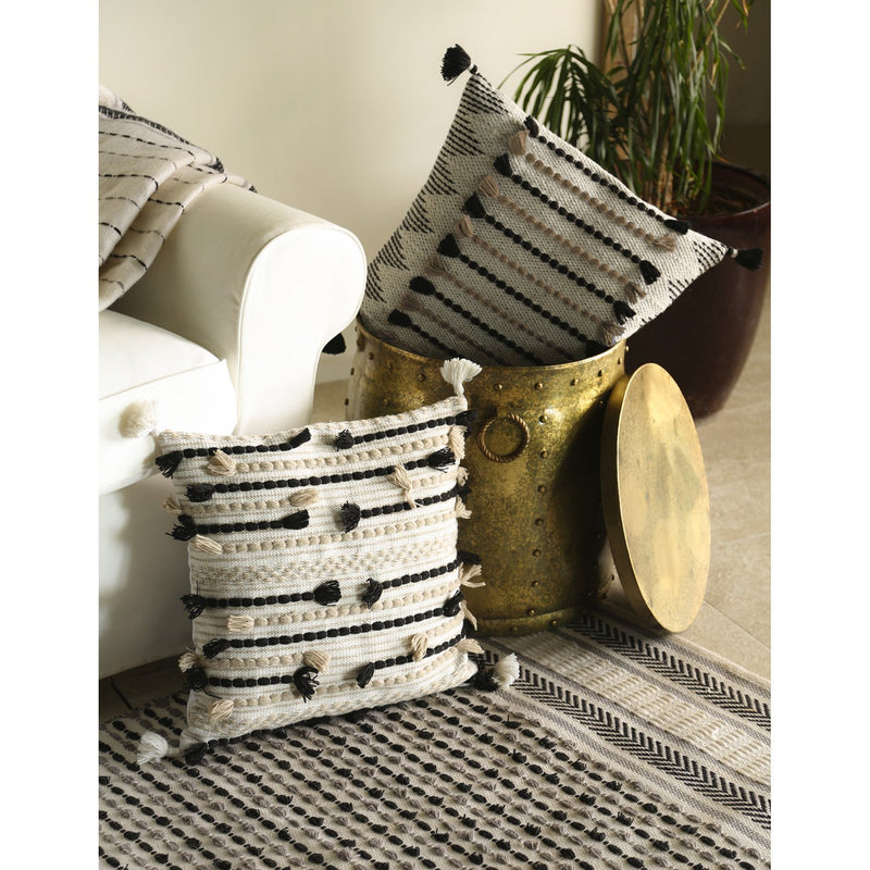 Woven Stripe Black & Cream Indoor/Outdoor Decorative Pillow, 18"x18", 18'' x 18'' x 0.5'' inches