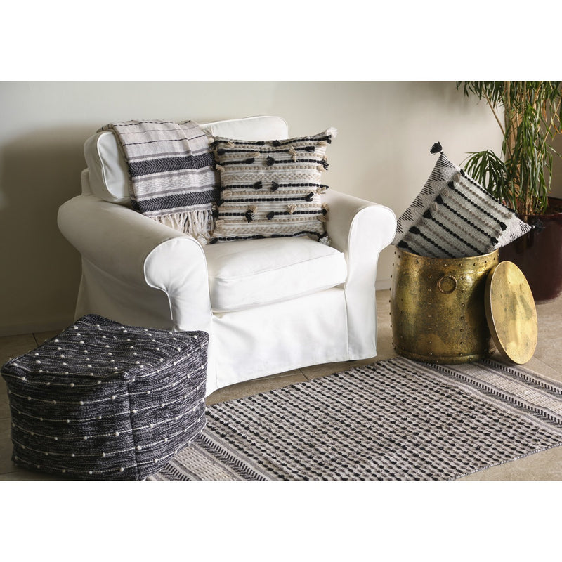 Woven Stripe Black & Cream Indoor/Outdoor Decorative Pillow, 18"x18", 18'' x 18'' x 0.5'' inches