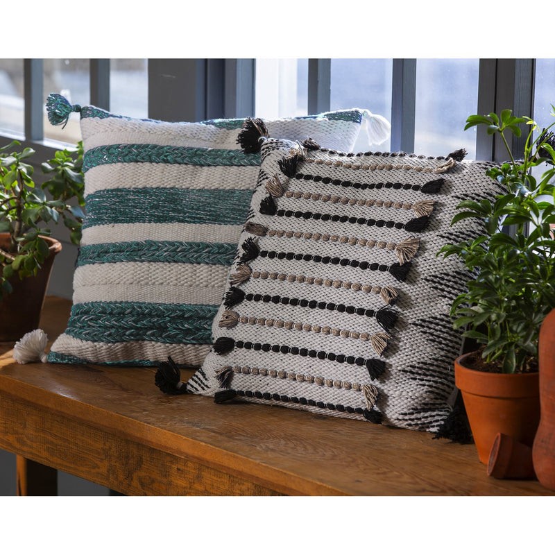 Woven Stripe Black & Cream Indoor/Outdoor Decorative Pillow, 18"x18", 18'' x 18'' x 0.5'' inches