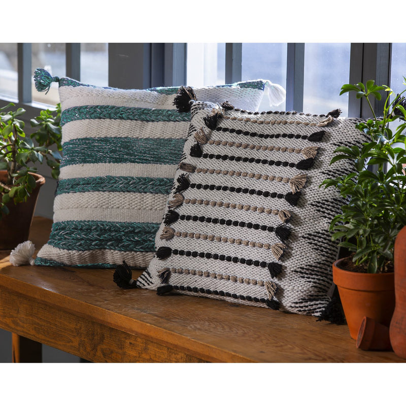 Woven Braided Teal & Cream Indoor/Outdoor Decorative Pillow, 18"x18", 18'' x 18'' x 0.5'' inches
