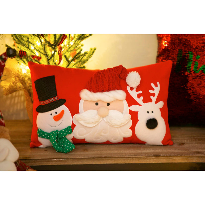 Red and Plaid Lumbar Pillow with Snowman, Santa, Deer,4p557578