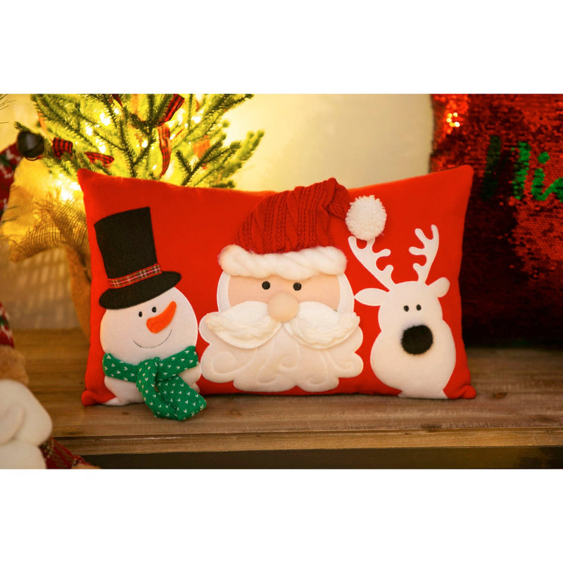 Red and Plaid Lumbar Pillow with Snowman, Santa, Deer, 16'' x 5'' x 10'' inches