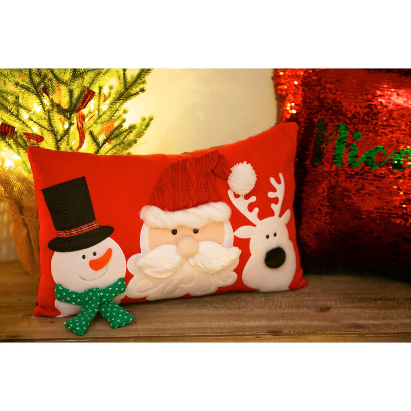 Red and Plaid Lumbar Pillow with Snowman, Santa, Deer, 16'' x 5'' x 10'' inches