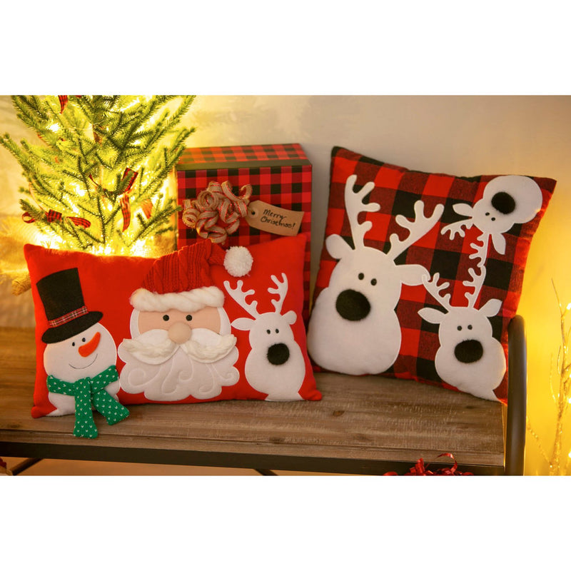Red and Plaid Lumbar Pillow with Snowman, Santa, Deer,4p557578