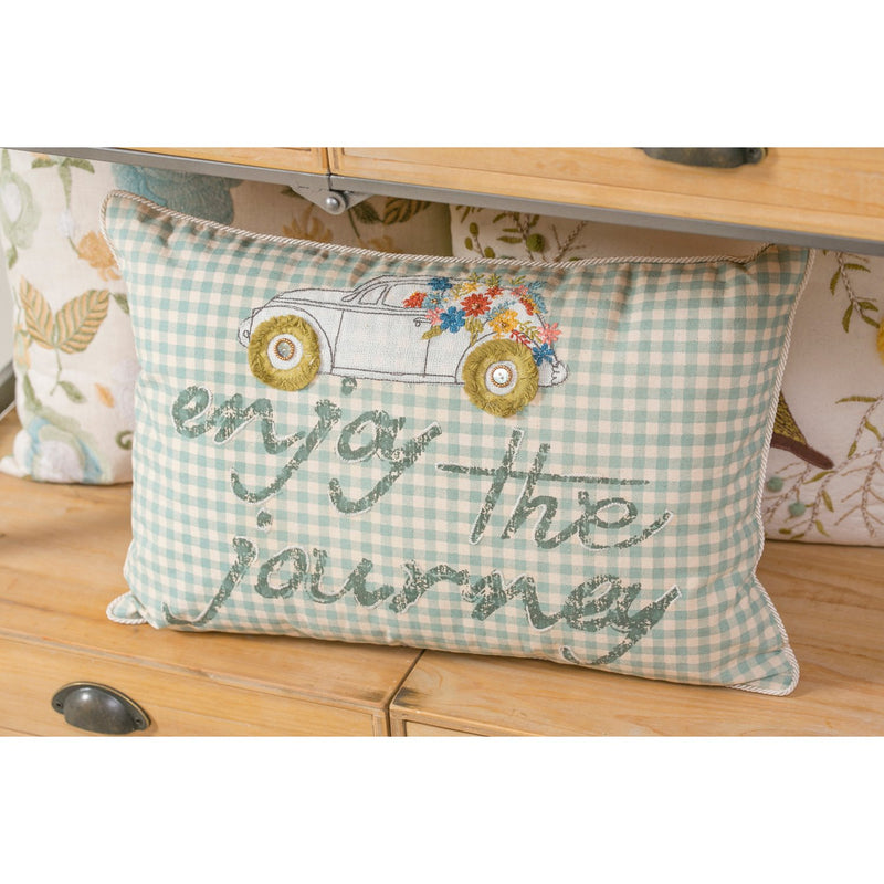 White with Blue Stripes Lumbar Pillow with Car, "Enjoy The Journey", 20'' x 5'' x 14'' inches