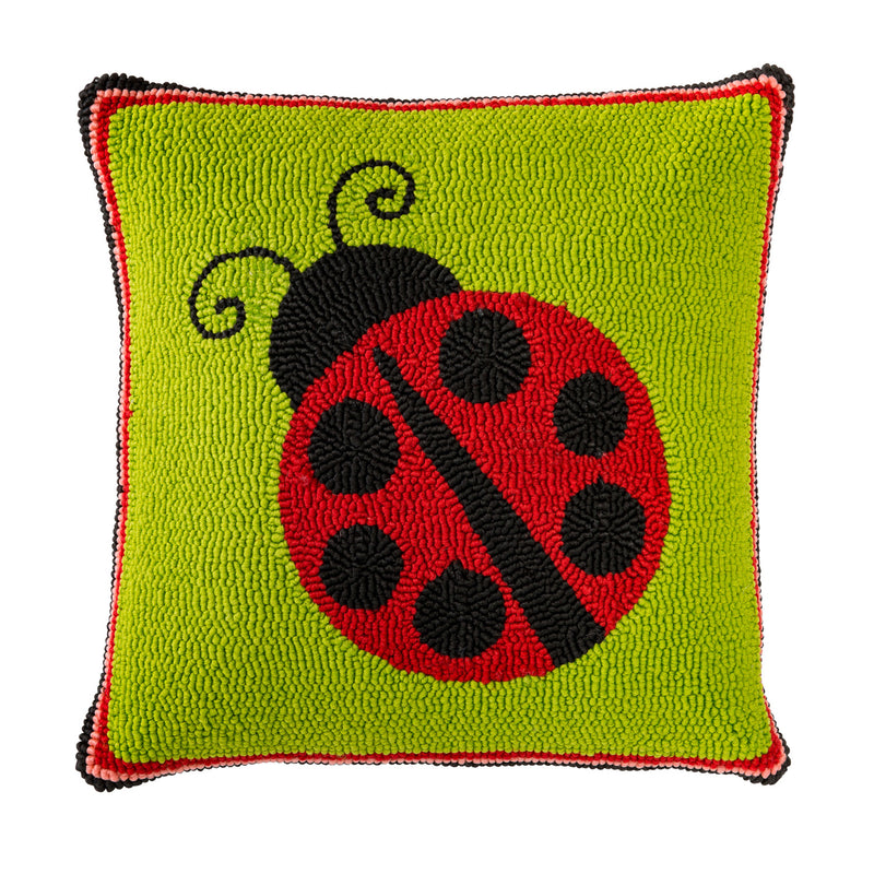 Indoor/Outdoor Hooked Polypropylene Ladybug Throw Pillow 18"x18",18"x18"x1.5"inches