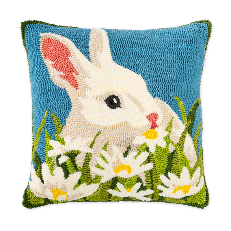 Indoor/Outdoor Hooked Polypropylene Bunny Throw Pillow 18"x18",18"x18"x1.5"inches