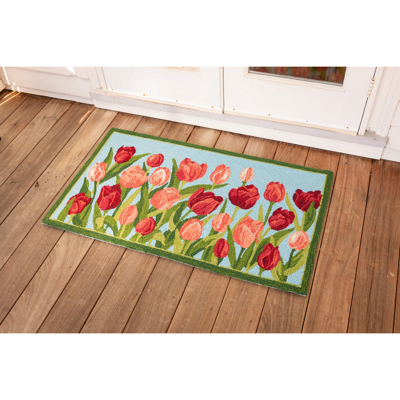 Indoor/Outdoor Pink Tulips Hooked Polypropylene Accent Rug 24"x42",42"x24"x0.5"inches
