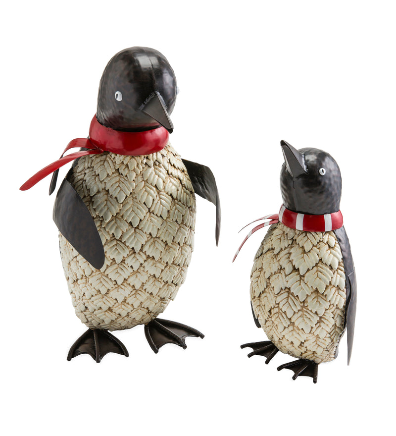 Metal Holiday Penguin Statues, Set of 2, 10"x10"x17.25"inches