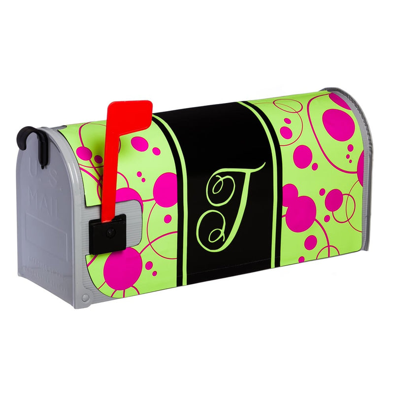 Evergreen Mailbox Cover,Mailbox, Magnetic, Pink/Green Monogram Polka Dot "T", Glow in the Dark,24x18x0.2 Inches
