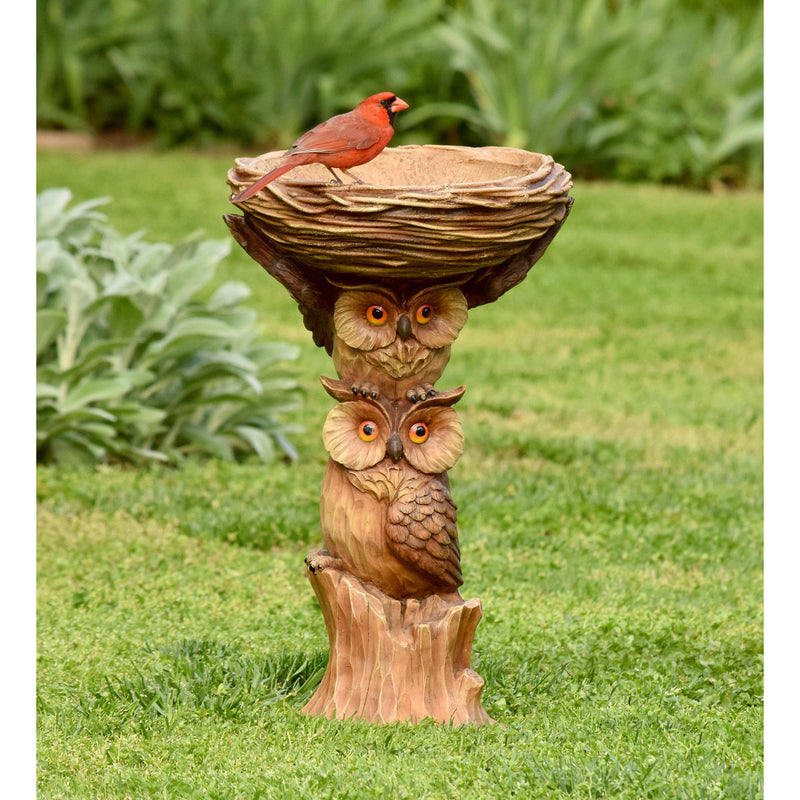 Carved Resin Owls Birdbath, 13"x13"x22"inches