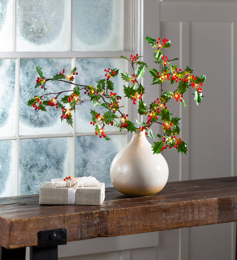 Indoor/Outdoor Holly and Berry Lighted Branches, Set of 2, 10"x10"x30"inches