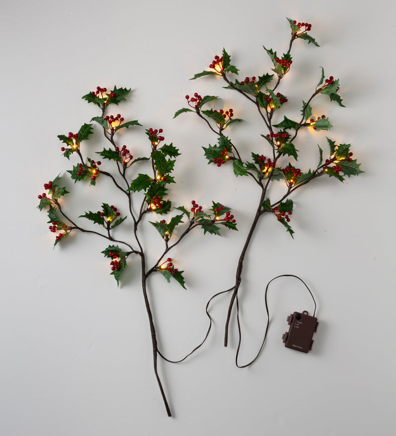 Indoor/Outdoor Holly and Berry Lighted Branches, Set of 2, 10"x10"x30"inches