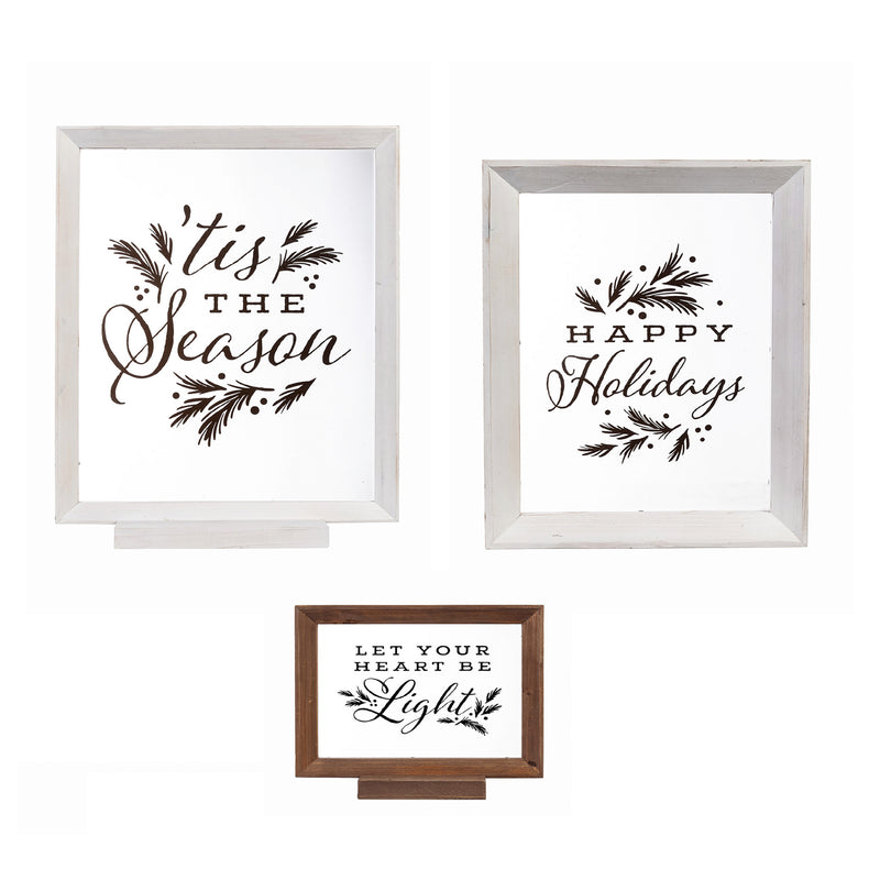 Wood Framed Decor, Set of 3"Happy Holidays""Let Your Heart Be Light""Tis the Season", 9"x12"x1.5"inches