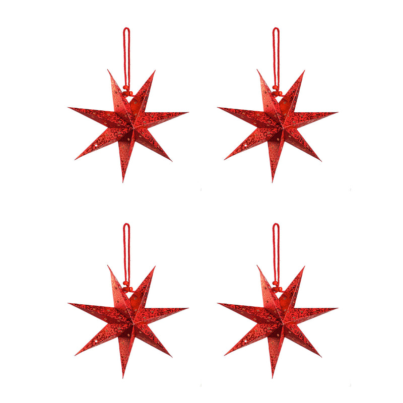 Red Foldable Paper Star with Foil Print, Set of 6, 7.5"x7.5"x7.5"inches
