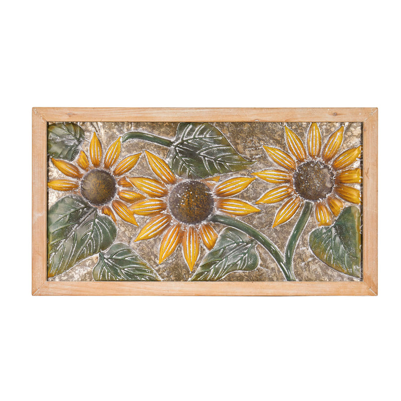 Metal Embossed Sunflower Wood Framed Wall Décor, 37.4"x1.6"x20.3"inches