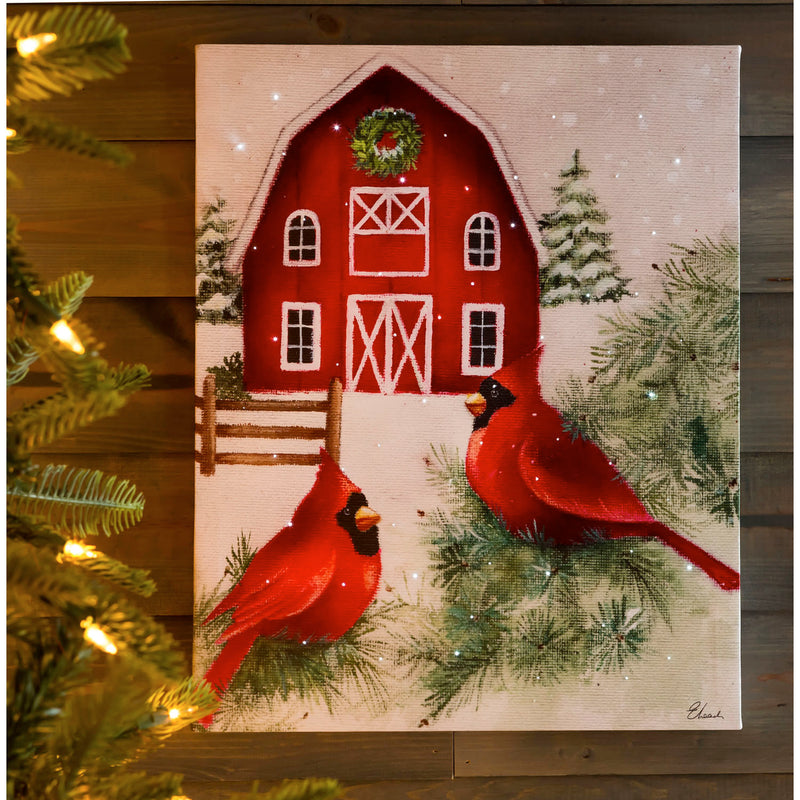 LED Canvas Wall Décor, 16"W x 20"H, Cardinals with Farmhouse