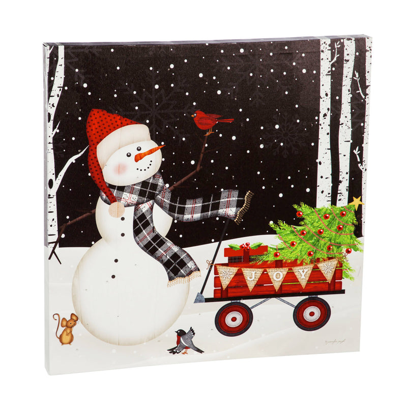 LED Canvas Wall Décor, 20"W x 20"H, Snowman with Red Wagon