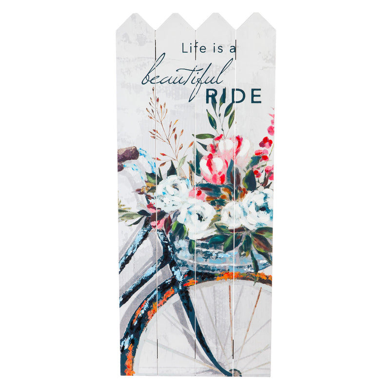Evergreen Floral Bicycle Painted Wood Plank Wall Decor, 12.6'' x 0.8'' x 29.9'' inches