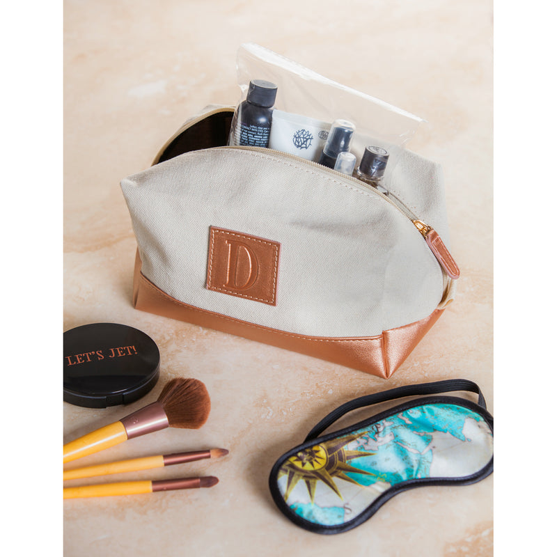 Canvas Monogram Toiletry Bag with Vegan Leather Trim, 15 Designs, 2 of each, 30 pcs total, 9"x5"x5"inches