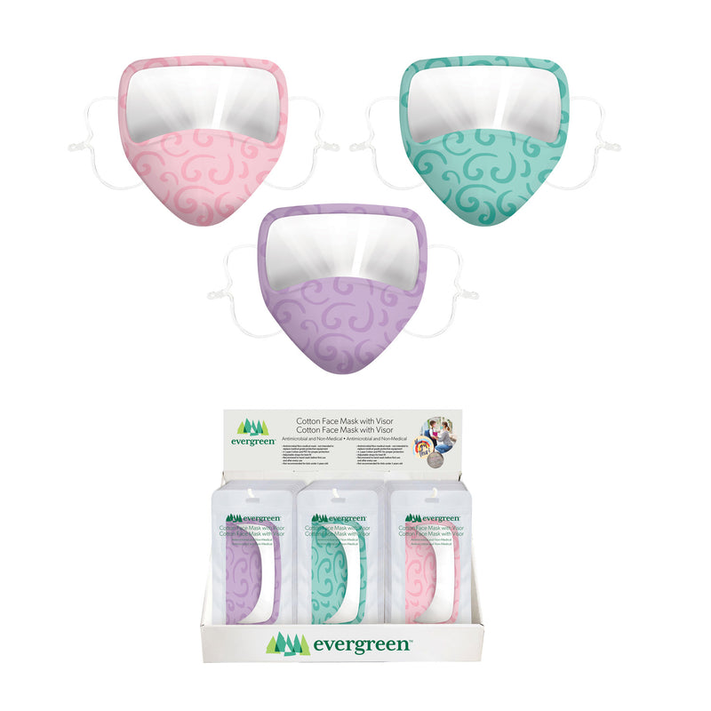 Women's Antimicrobial Non-Medical Cotton Face Mask w/ Visor, 2 Designs, 12 of each, 24 pcs total, 0.01"x8"x6.25"inches
