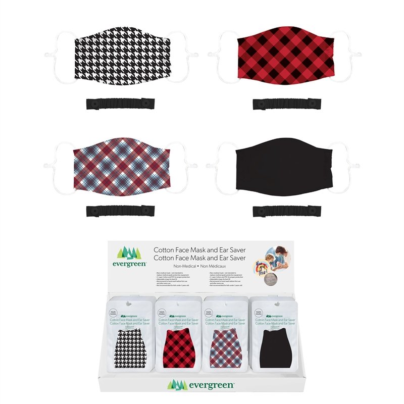 Adult Non-Medical Cotton Face Mask with Ear Saver, 4 Designs, 9 of each, 36 pcs total, 8.6"x0.1"x5.3"inches